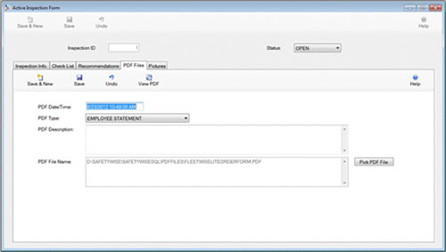 The Active Inspection Form PDF Files is displayed in edit mode from the SafetyWise VB Safety System.