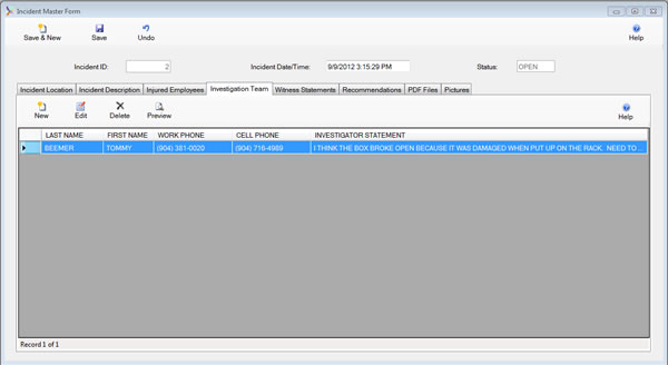 The Incident Master Form Investigation Team Tab is displayed in browse mode from the SafetyWise VB Safety Management System.