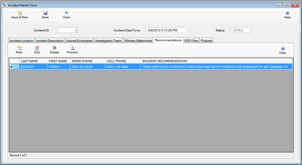 The Incident Master Form Recommendations Tab is displayed in browse mode from the SafetyWise VB Safety Management System.