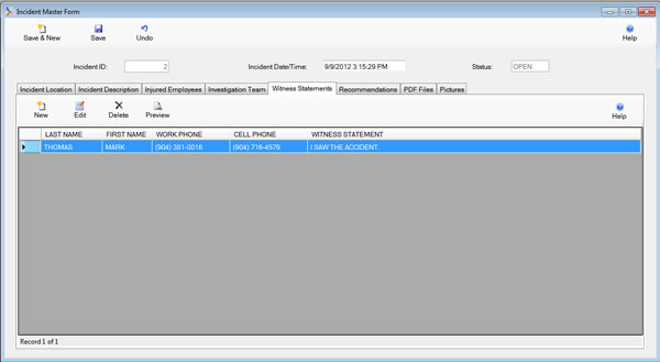 The Incident Master Form Witness Statement Tab is displayed in edit mode from the SafetyWise VB Safety Management System.